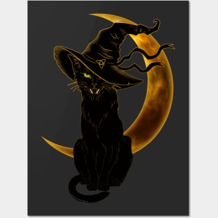 Black Cat with Witch Hat and Crescent Moon Posters and Art